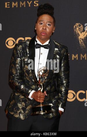 Los Angeles, CA, Stati Uniti d'America. Xvii Sep, 2017. lena waithe in sala stampa per la sessantanovesima annuale di Primetime Emmy Awards 2017 - sala stampa, microsoft Theatre di Los Angeles live, los angeles, ca, 17 settembre, 2017. Credito: priscilla concedere/everett raccolta/alamy live news Foto Stock