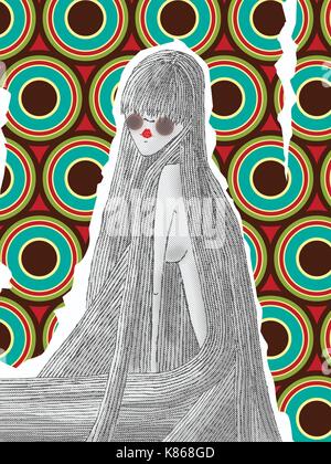 Illustrazione vettoriale di disegnato a mano donna con peli molto lunghi con un background rétro Illustrazione Vettoriale