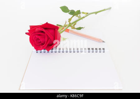 Red Rose matita e notebook isolati su sfondo bianco. Foto Stock