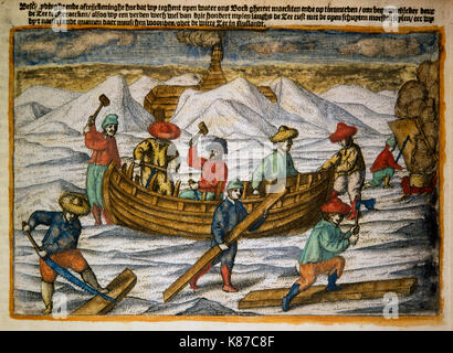 William Mare di Barents e il suo equipaggio intrappolati nell'Artico durante la loro terza spedizione del 1596. Guidati dal navigatore olandese ed esploratore William Mare di Barents Foto Stock