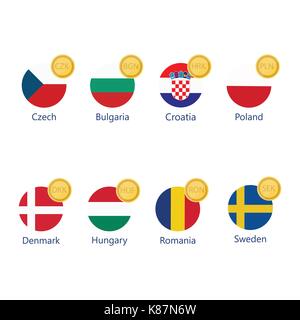Illustrazione Vettoriale mondo simboli di valuta icon set. denaro firmare le icone con le bandiere nazionali. Illustrazione Vettoriale