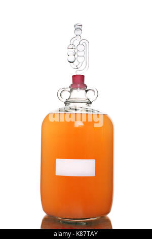 Peach il vino fermenta in un demijohn, isolata su uno sfondo bianco. Foto Stock