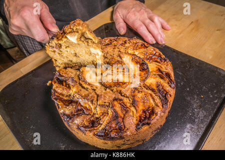 Una donna di mani tenendo una fetta triangolare di speziata torta di mele, raffreddamento su un vassoio da forno nella sua cucina, pane appena sfornato dal forno. Inghilterra, Regno Unito. Foto Stock