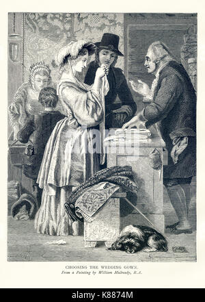 Questa incisione su legno accompagnata un 1881 prenota su British pittori. L'Uno è intitolato "La scelta di un abito da sposa' e viene accreditato a William Mulready (1786-1863), un pittore irlandese vivere a Londra. Mulready era noto per le sue opere che romanticized scene rurali. I suoi dipinti sono stati popolari in Epoca Vittoriana. Foto Stock