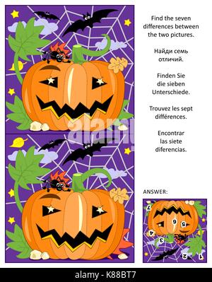 A tema Halloween visual puzzle: trovare le sette differenze tra le due immagini di zucca, pipistrelli e spider. risposta inclusa. Illustrazione Vettoriale