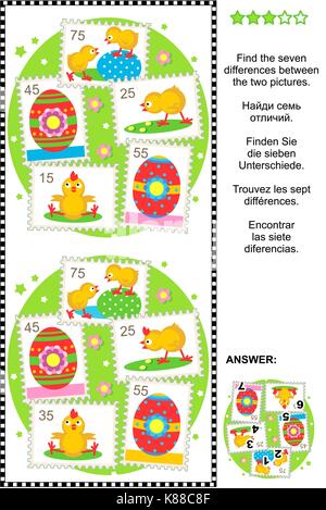 Foto puzzle: trovare le sette differenze tra le due foto con la pasqua e la primavera themed francobolli - dipinto di uova e pulcini, primi fiori Illustrazione Vettoriale