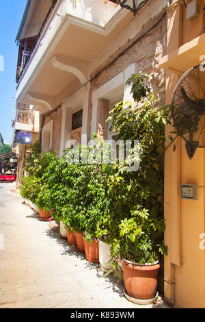 Piante in vasi per le strette stradine della città vecchia di Rethymno, Creta, Grecia Foto Stock