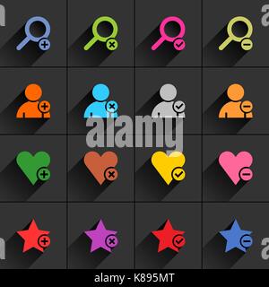 16 Ulteriore segno icona piatta con il grigio lunga ombra. segno nero con verde e rosso su sfondo bianco. ordinata e pulita, semplice, solido, stile semplice Illustrazione Vettoriale