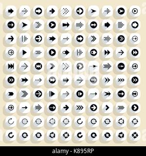 100 freccia icona piatta con lunga ombra. in bianco e nero segno sul quadrato arrotondato forme pulsante web su sfondo. Il minimo semplice stile semplice. vettore illus Illustrazione Vettoriale