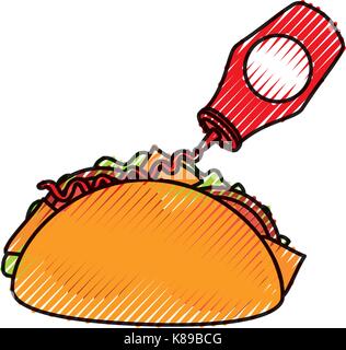 Fast food messicano taco bottiglia di ketchup ristorante menu Illustrazione Vettoriale