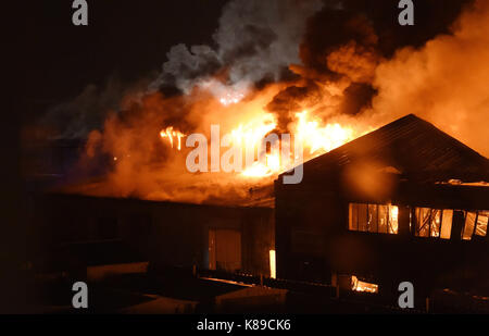 I vigili del fuoco combattono contro un warehouse che si schiaccia su White Hart Lane a Tottenham, Londra. Foto Stock