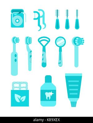 La cura dentale icone vettoriali. igiene orale di singoli strumenti. flat semplici illustrazioni. pulire la bocca home apparecchiature come spazzolini da denti e il filo interdentale, Illustrazione Vettoriale