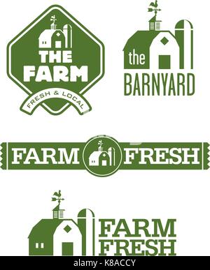 Fattoria e fienile loghi. Un set di quattro farm e fienile disegni logo per azienda agricola alimenti freschi locali. progetta includono banner con spazio per il testo. facile da modificare. Illustrazione Vettoriale