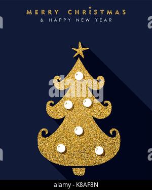 Auguriamo a tutti un Buon Natale e un nuovo anno gold Luxury holiday greeting card. decorate xmas pino fatta di golden glitter texture. eps10 vettore. Illustrazione Vettoriale