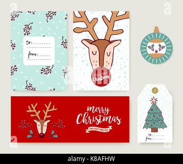 Merry Christmas greeting card set con renne carino disegnato a mano cartoon. Include holiday themed modello, tag ed etichette. eps10 vettore. Illustrazione Vettoriale