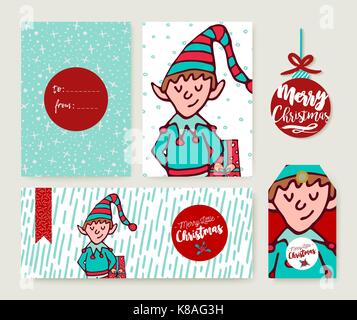 Merry Christmas greeting card set con graziosi santa elfo aiutante disegnato a mano cartoon. Include holiday themed modello, tag ed etichette. eps10 vettore. Illustrazione Vettoriale