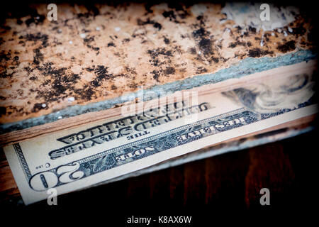 Bill di centinaia di dollari americani nascosti in un vecchio libro Foto Stock