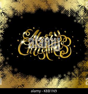 Golden testo su sfondo nero. Buon Natale e felice anno nuovo lettering. Illustrazione Vettoriale