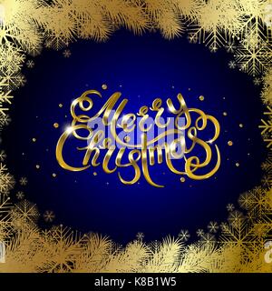 Golden testo su sfondo blu. Buon Natale e felice anno nuovo lettering. Illustrazione Vettoriale