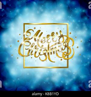 Golden testo su sfondo blu. Buon Natale e felice anno nuovo lettering. Illustrazione Vettoriale