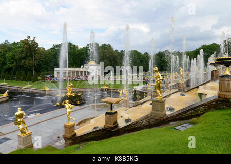 Vista delle fontane vicino al palazzo principale a Peterhof, San Pietroburgo Foto Stock