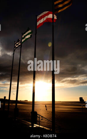 Dunkerque Beach bandiere su pali bandiera al tramonto, bandiere su Dunkerque Beach Foto Stock