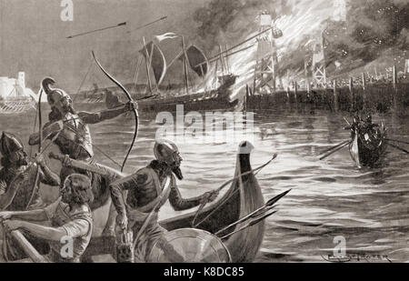 L assedio del pneumatico da Alessandro il Grande nel 332 a.c. pneumatico era un punto strategico di base costiere sul Mare Mediterraneo, era su un isola e le pareti avevano diritto fino al mare ed era quasi impossibile catturare. Alexander risolto il problema dal primo sbarramento e assediava pneumatico per sette mesi e poi mediante la costruzione di una strada rialzata che gli ha permesso di violazione delle fortificazioni. Dopo la pittura da Ernest Prater, (1864-1950). Da hutchinson nella storia delle nazioni, pubblicato 1915. Foto Stock