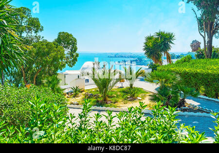 Il lussureggiante giardino succosa di Sidi Bou Said con la vista panoramica sul mare sulla distanza, Tunisia. Foto Stock
