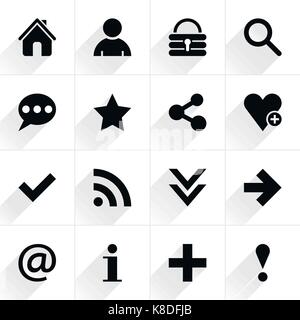 16 basic segno icona piatta con il grigio lunga ombra. segno nero su sfondo bianco. ordinata e pulita, semplice, minimale, solido, stile semplice. illustrazione vettoriale w Illustrazione Vettoriale