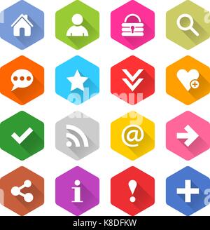 Piatto icona base 16 set esagonali arrotondati pulsante web su sfondo bianco. semplice in stile minimalista mono lunga ombra stile. illustrazione vettoriale design internet Illustrazione Vettoriale