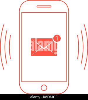 Contorno rosso smartphone con un'icona di posta elettronica Illustrazione Vettoriale