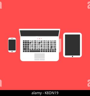 Telefono bianco notebook e tablet isolato su sfondo rosso Illustrazione Vettoriale