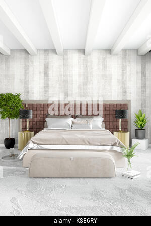 Camera da letto bianco stile minimal design interno con parete in legno grigio e divano. Il rendering 3d. 3d illustrazione Foto Stock