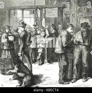 Mercato di cani e gatti, macellaio, Marché St, Germain, carenze alimentari, assedio di Parigi, dicembre 1870 Foto Stock