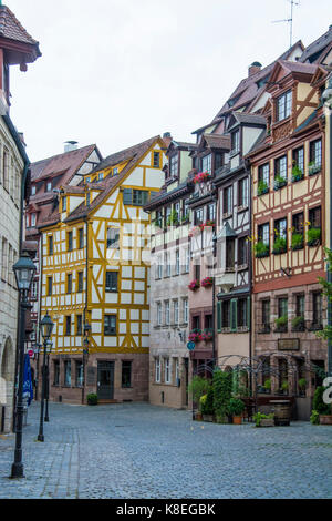 Metà medievale-case con travi di legno a Norimberga, Baviera, Germania Foto Stock