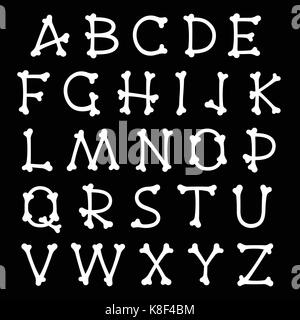 Vettore completo set di ossa bianco silhouettes alfabeto maiuscole lettere isolate su nero per Halloween, pirati, mediche e di orrore concetti, desig Illustrazione Vettoriale