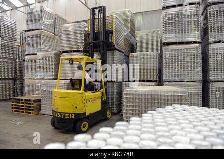 Estrees-Mons (Francia settentrionale): Bonduelle, società francese che produce ortaggi trasformati. Conserve di prodotti, officina di confezionamento. Trasporto di conserve di foo Foto Stock