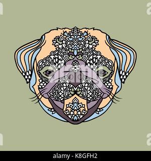 Pug con etnico addobbi floreali per adulti libro da colorare. zentagle pattern. vettore doodle illustrazione. ritratto di un simpatico pet. Illustrazione Vettoriale