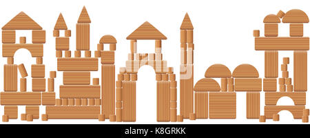 Città di giocattoli fatti di blocchi di legno - skyline immaginario paesaggio da fiaba di costruire edifici con molte differenti naturali elementi in legno. Foto Stock