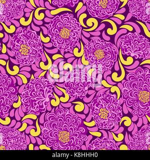 Sfondo senza giunture con eleganti volute e fiori con il viola e il giallo di contrasto dei colori Illustrazione Vettoriale