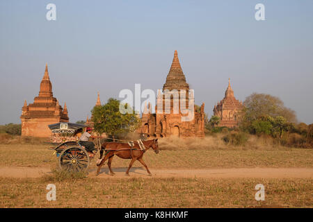 La birmania, myanmar: Bagan zona archeologica con i turisti su una carrozza trainata da cavalli Foto Stock