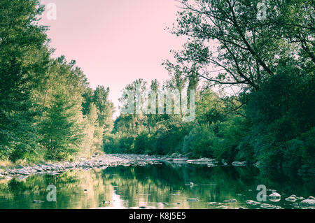 Tranquillo fiume idilliaco scenario verde con alberi rigogliosi e acque calme Foto Stock