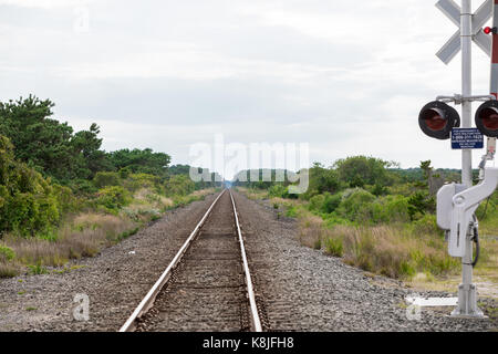 Binari del treno in Eastern long island guardando ad ovest e sparendo all'orizzonte Foto Stock