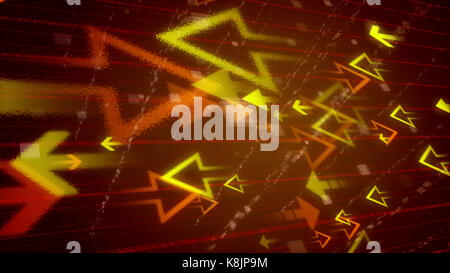 Volumetrico di 3d'illustrazione dei diversi vini spumanti giallo e frecce arancioni volti a ogni altra imposta sulla rete rossa nel buio sfondo marrone Foto Stock