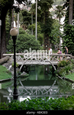 !9 ° secolo ponte sul lago ai giardini dell'ex palazzo presidenziale del Brasile situato a Rio de Janeiro. Foto Stock