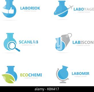 Set di lab bottiglia combinazione di logo. La lampadina e il pallone simbolo o icona. unica scienza e logotipo da laboratorio modello di disegno. Illustrazione Vettoriale