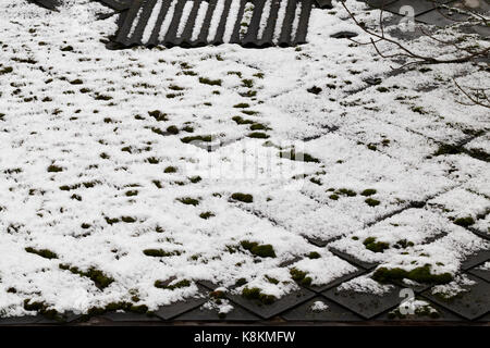 Il vecchio tetto è costituito da piastre e pezzi di ardesia ricoperta di neve nella stagione invernale. foto close up Foto Stock