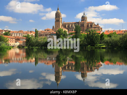 Salamanca vecchie e nuove cattedrali riflessa sul fiume Tormes Foto Stock