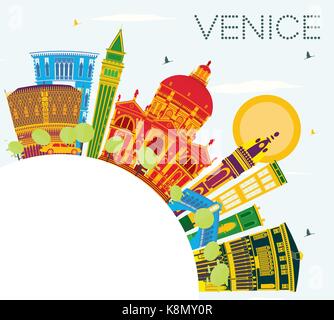 Lo skyline di Venezia con edifici di colore, il blu del cielo e spazio copia. illustrazione vettoriale. viaggi di affari e di turismo con il concetto di architettura storica. Illustrazione Vettoriale