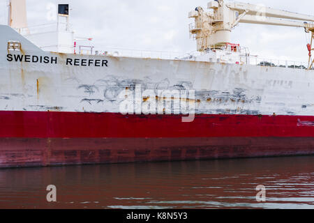 Reefer navi, carico refrigerato navi utilizzate per il trasporto di merci deperibili, prevista fino al fiume Fal, Falmouth, Cornwall. Foto Stock